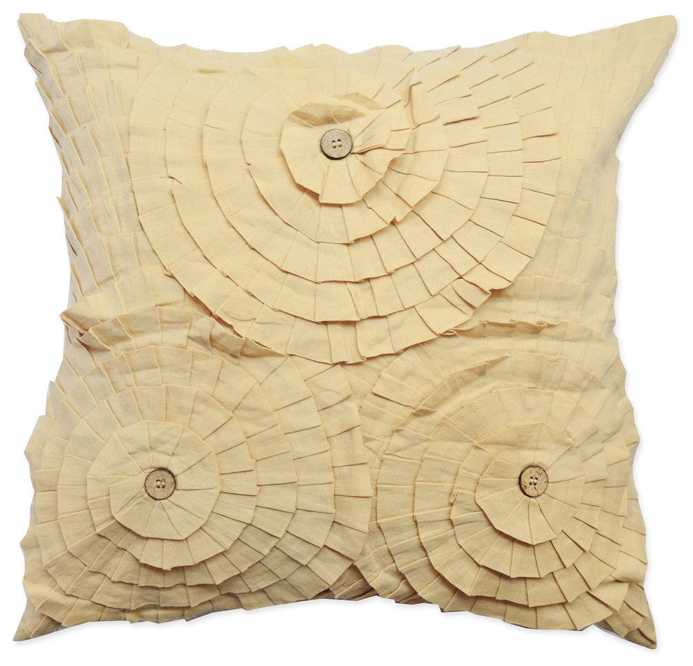 Beige Cotton Floral Throw Pillow, 18"