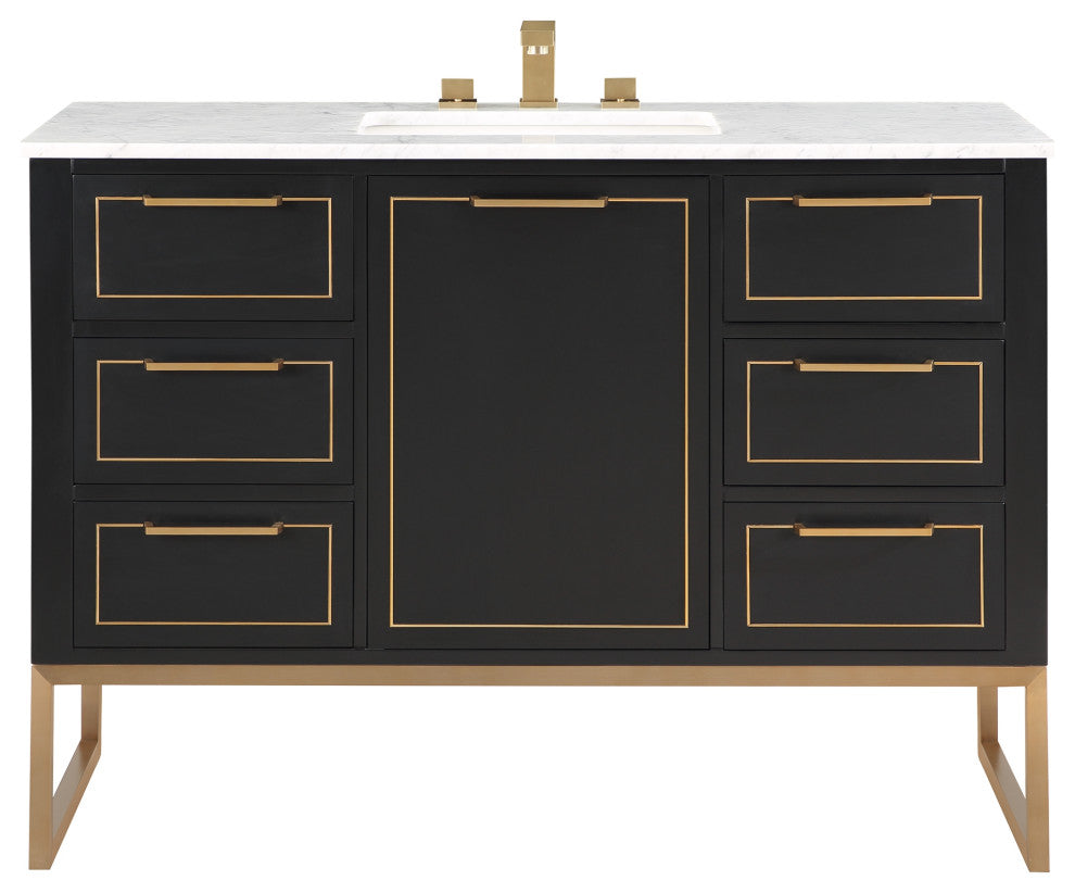Markham 48" Bathroom Vanity, Midnight Black/Satin Brass, 48", Marble Countertop
