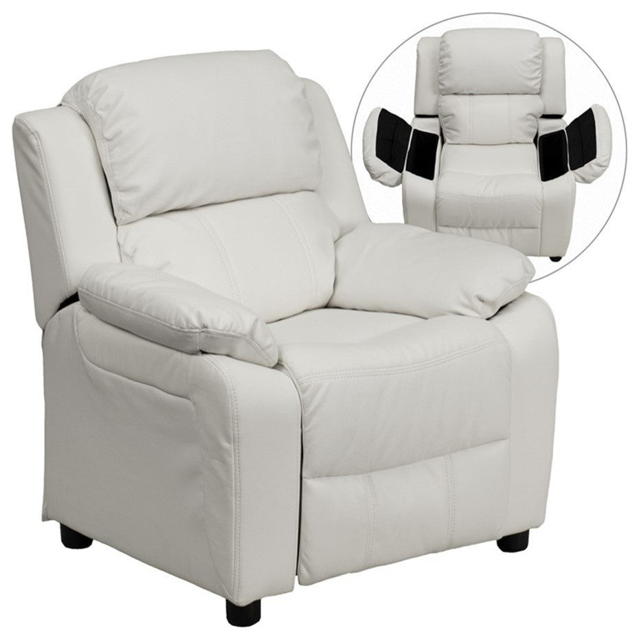 Deluxe Padded Kids Recliner With Storage Arms, White Vinyl