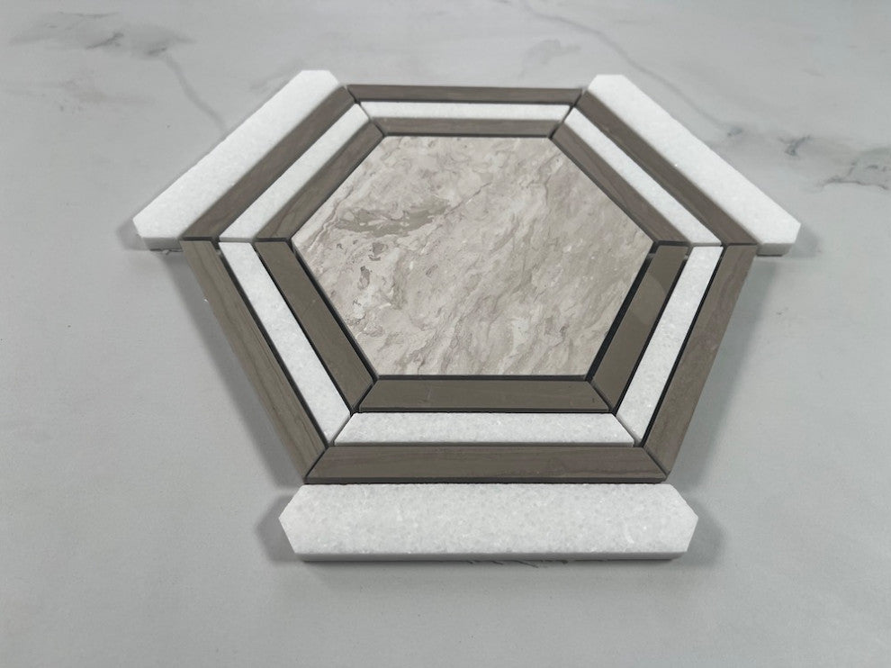 Athens Silver Cream Marble 5" Hexagon Strips Georama Geometric Tile, 1 sheet