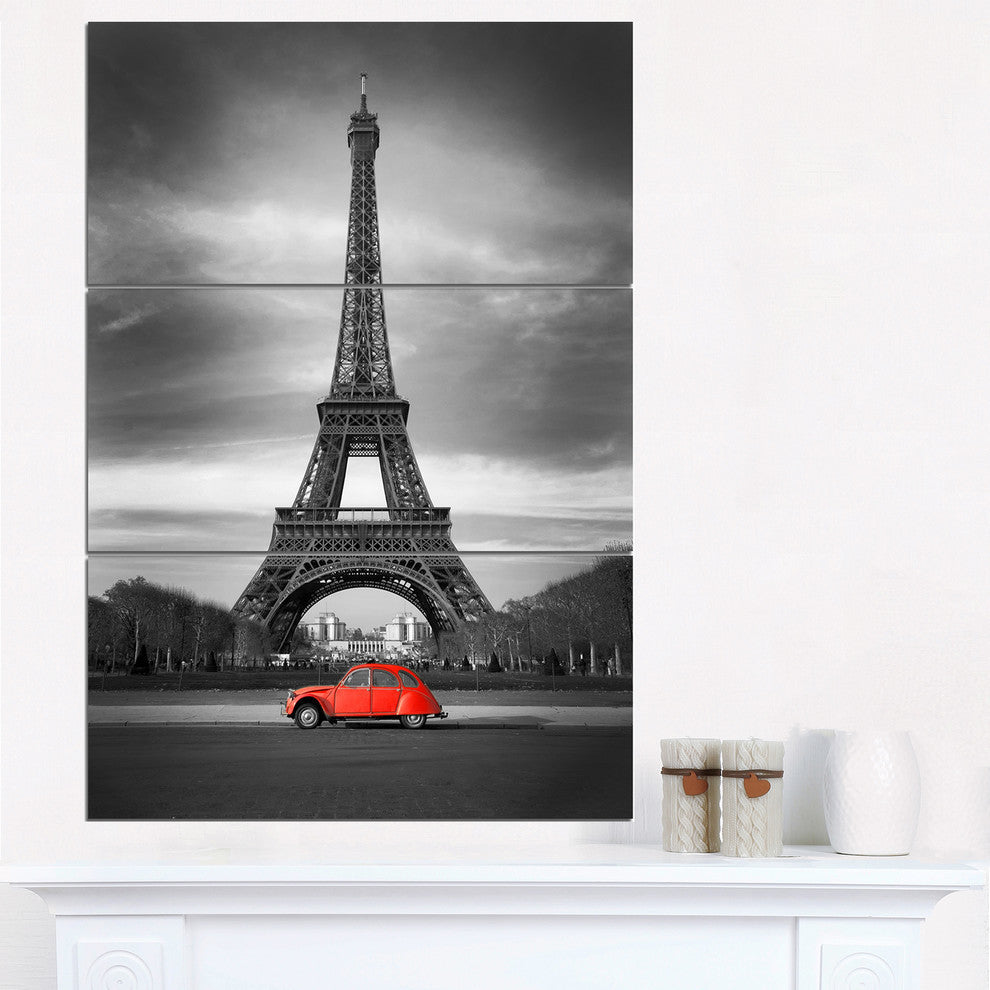 "Eiffel and Old Red Car" Metal Wall Art, 3 Panels, 28"x36"