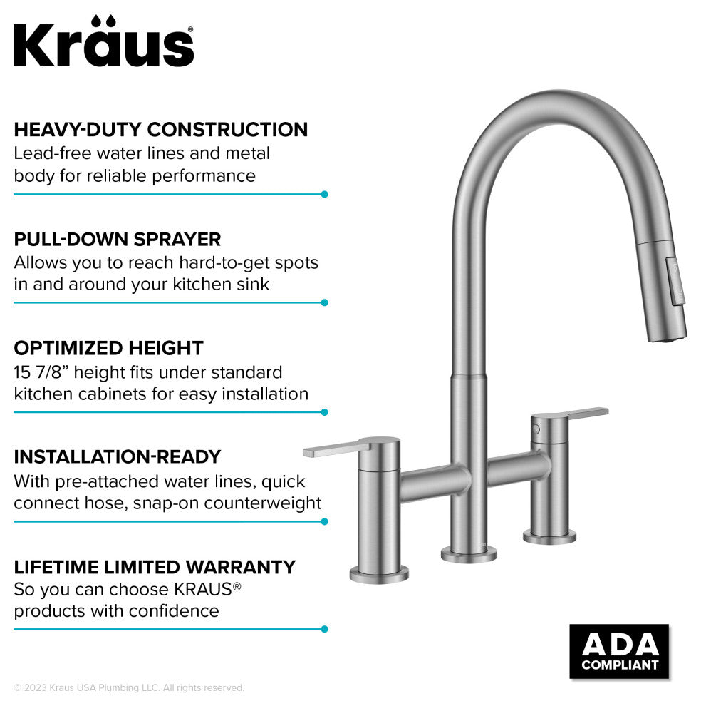 KRAUS Oletto 2-Function Pulldown 3-Hole Bridge Kitchen Faucet, Spot Free SS