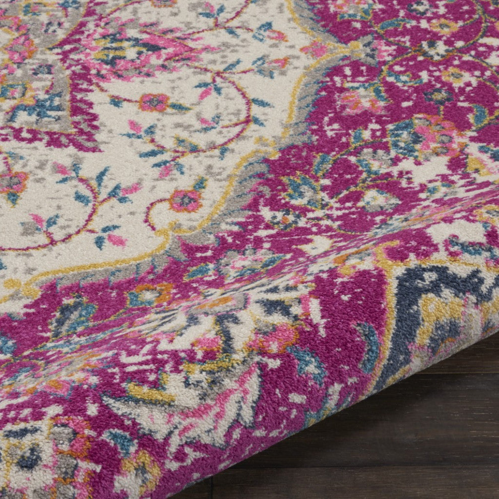 8 Round Pink and Ivory Medallion Area Rug