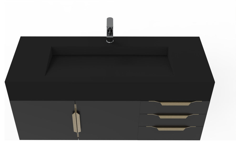 CastelloUSA Nile 48" Wall Mounted Vanity Set, Black, Black Top, Gold Handles