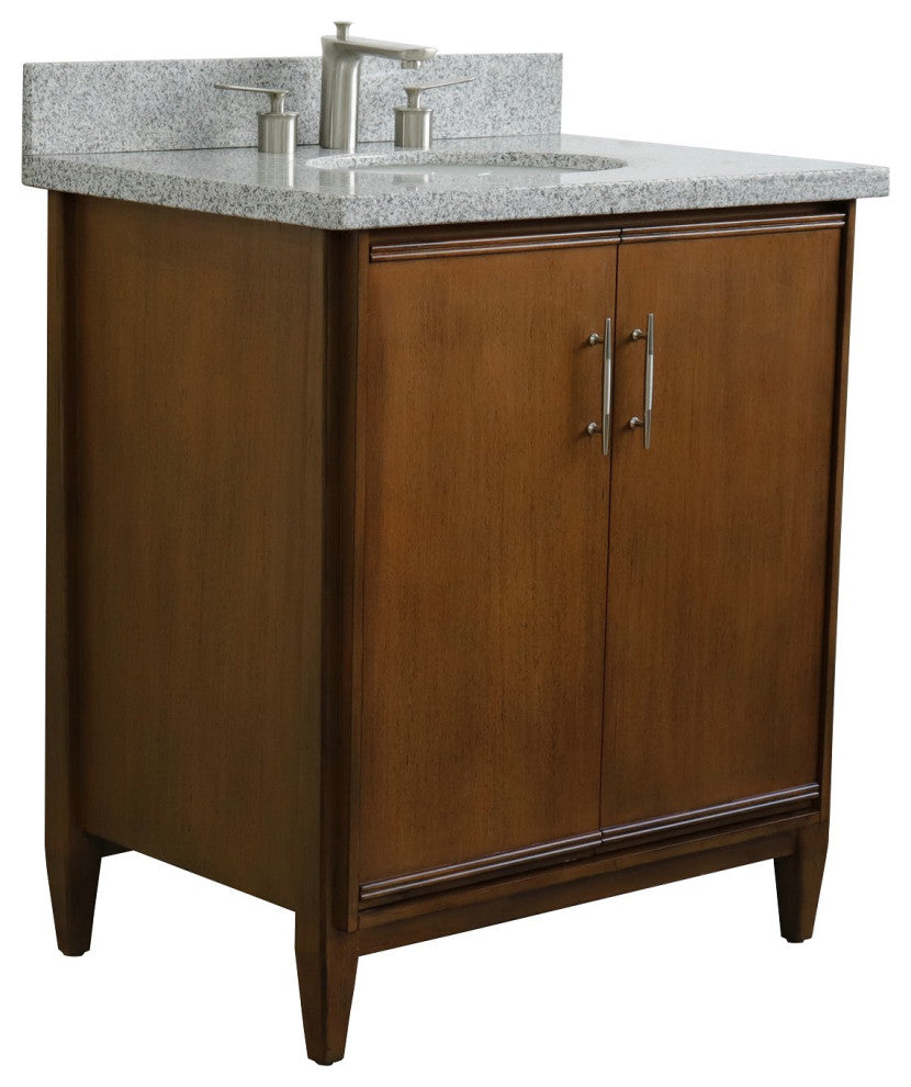 31" Single Sink Vanity, Walnut Finish, Gray Granite With Oval Sink
