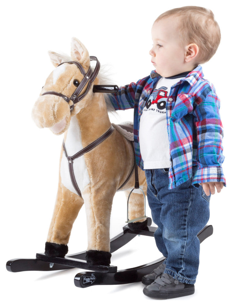 Rocking Horse Plush Animal Wooden Rocker With Sounds, Stirrups, Saddle, Reins