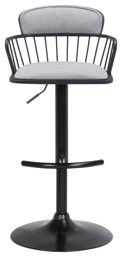 Nash Adjustable Black Wood Bar Stool, Blue Fabric With Black Metal, Light Gray