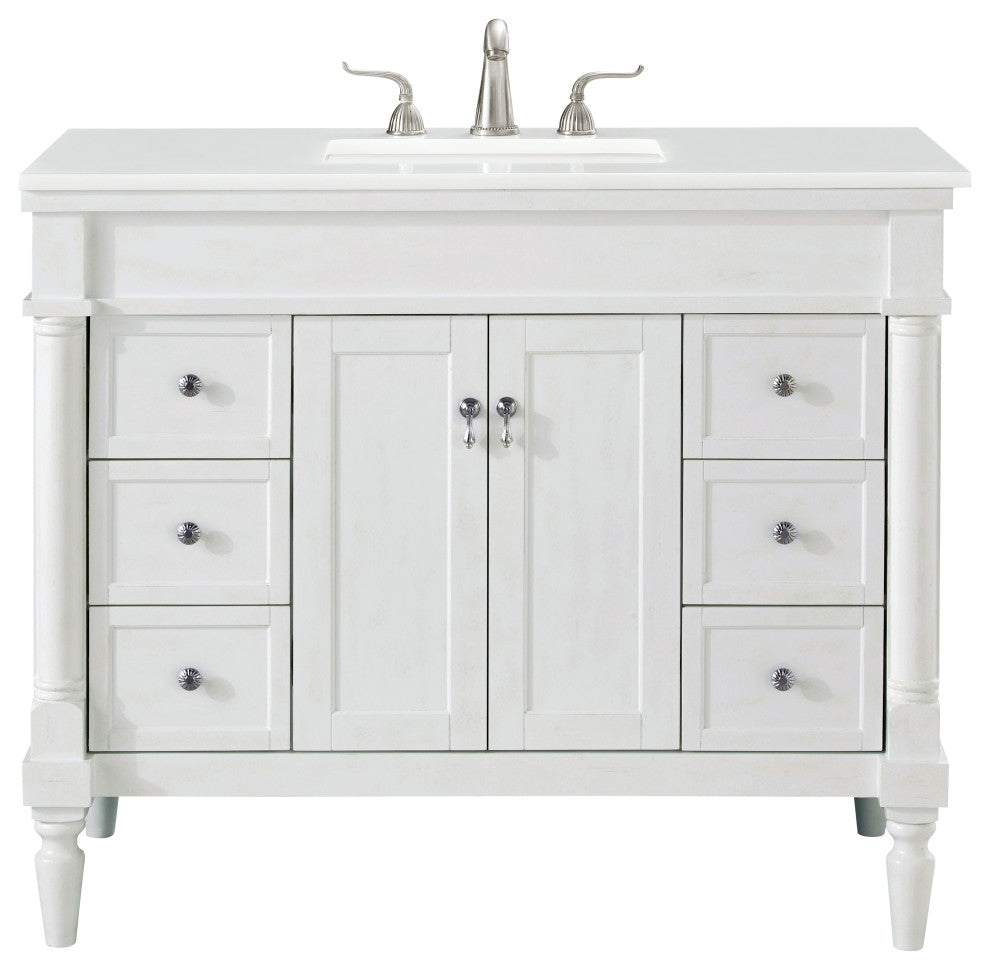 42" Single Bathroom Vanity, Antique White With Ivory White Engineered Marble