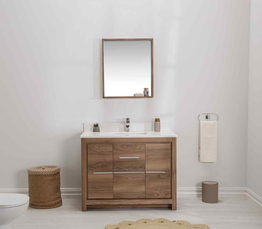 Mila Collection 42" Bathroom Vanity With Sink, Mirror, Countertop, Walnut Brown