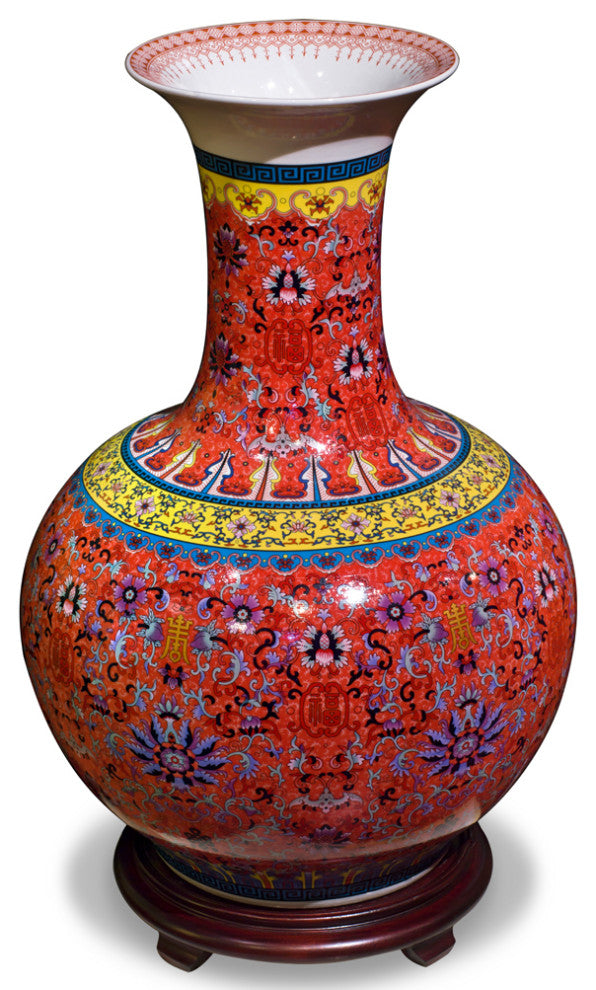 Imperial Red Chinese Porcelain Temple Vase, With Stand