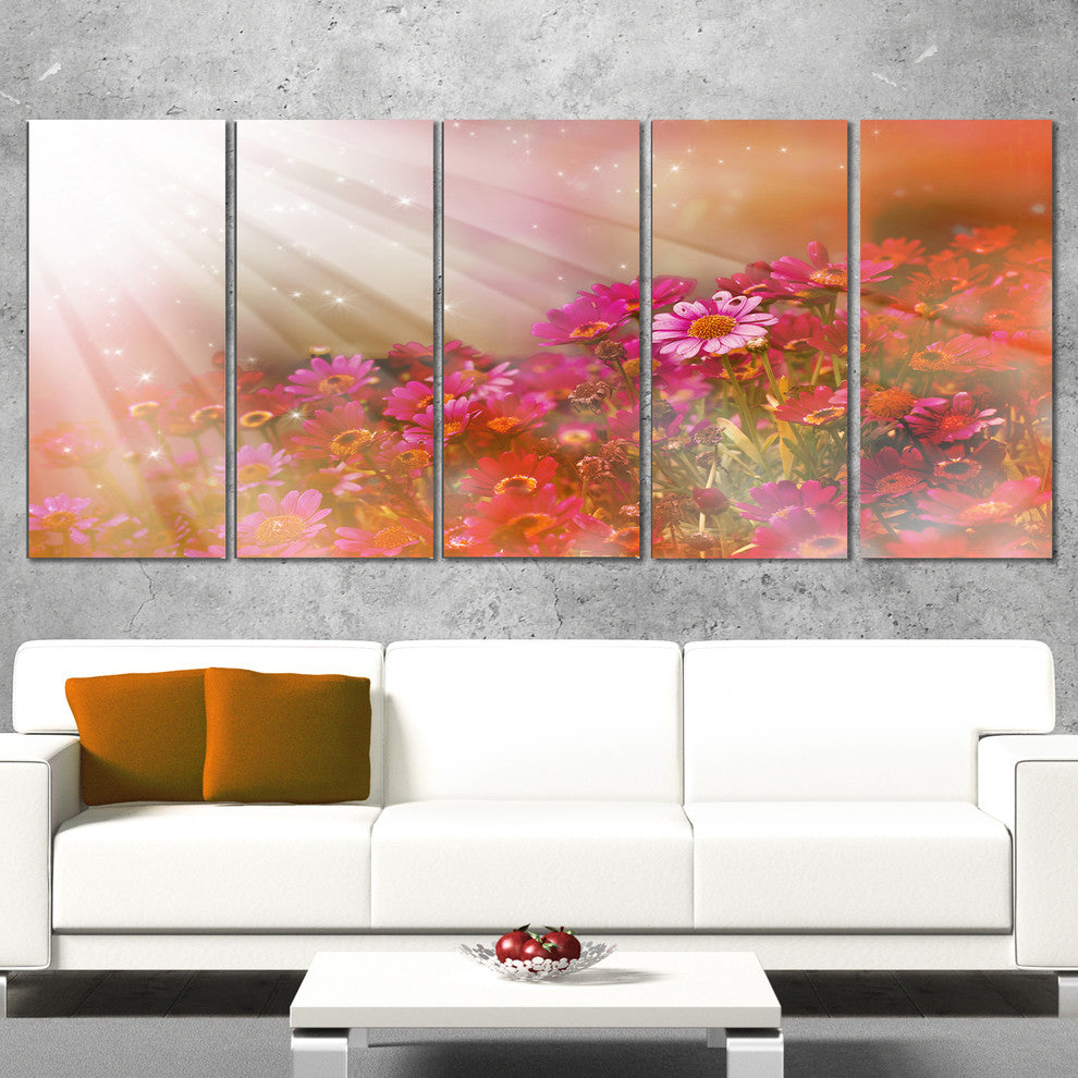 Little Red and Pink Flowers Spring, Floral Canvas Artwork, 60"x28", 5 Panels
