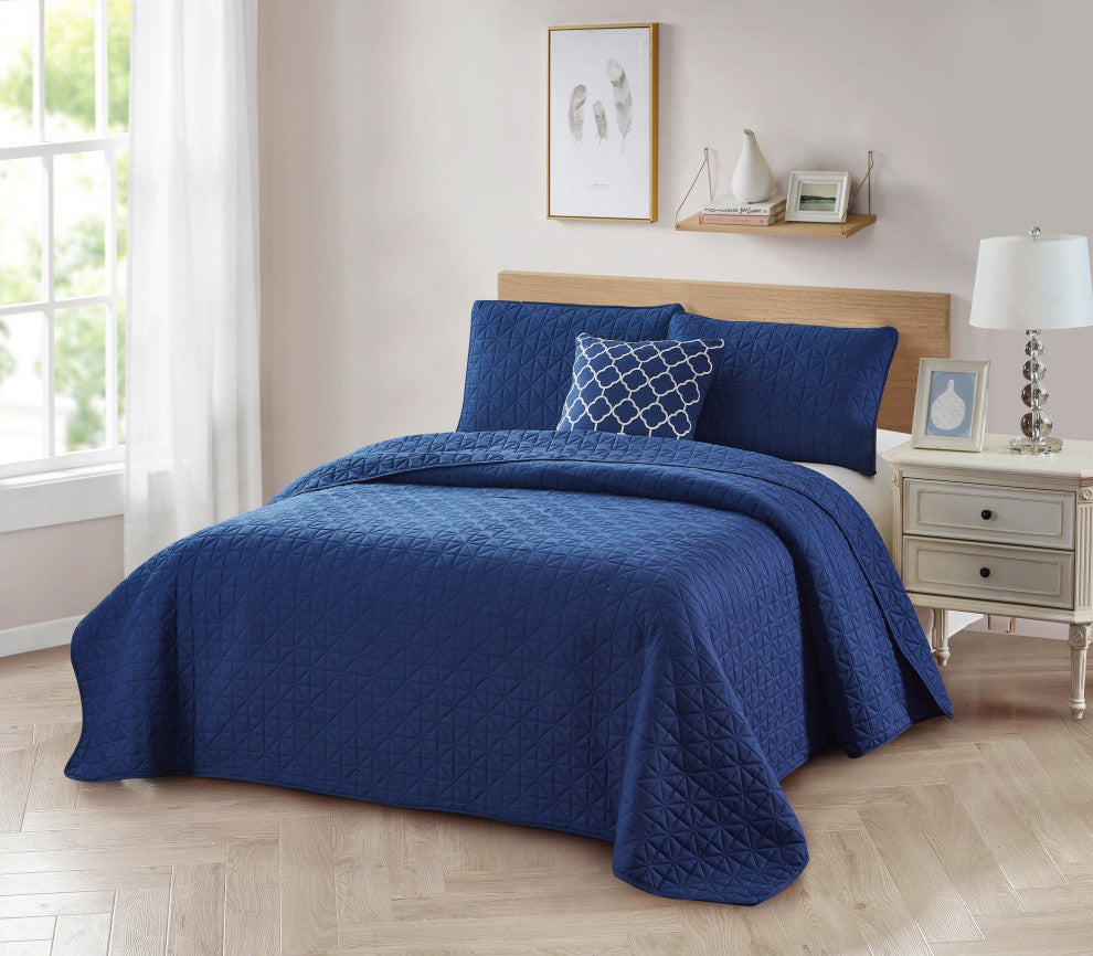 Bibb Home 4 Piece Solid Quilt Set, Navy, Full/Queen