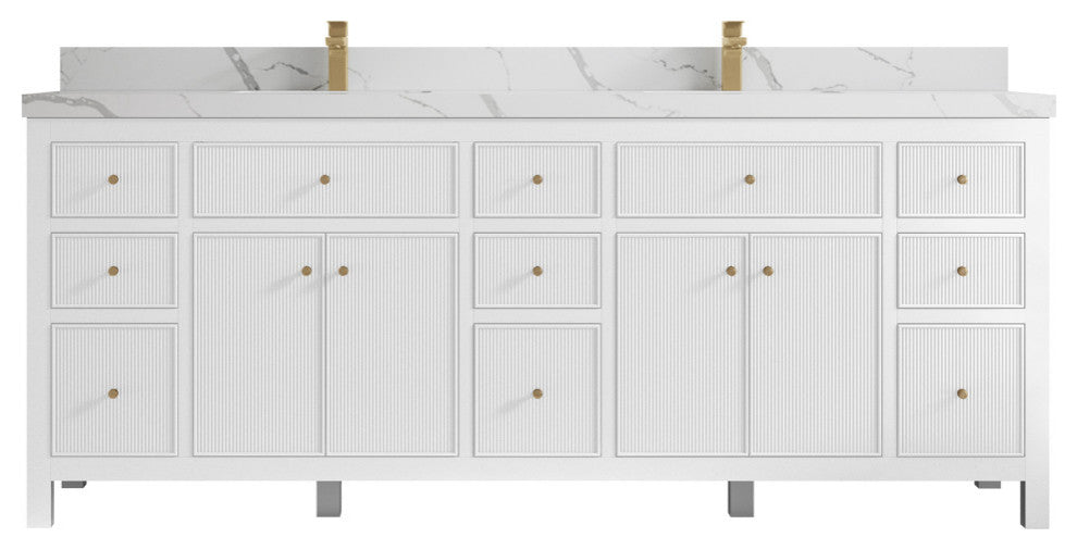 Sonoma 84 Double Sink Reeded Bath Vanity in White 2" Calacatta Laza