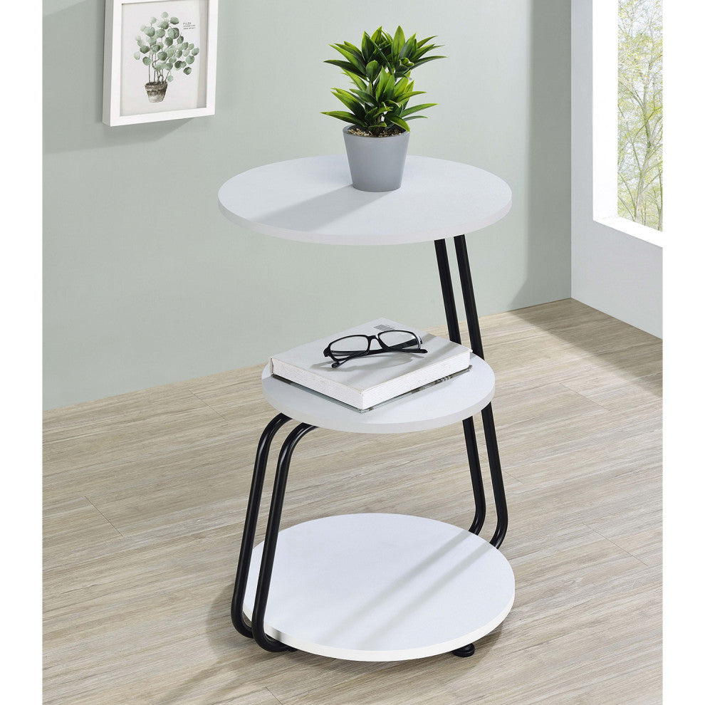 3 Tier Round Side Table With Metal Frame, White and Black