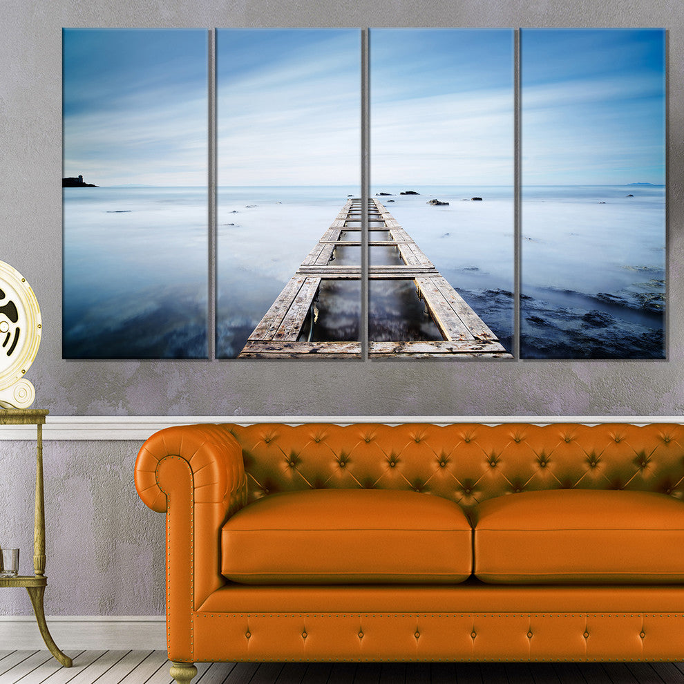"Wooden Jetty in Morning Blue Sea" Landscape Wall Art Print, 4 Panels, 48"x28"