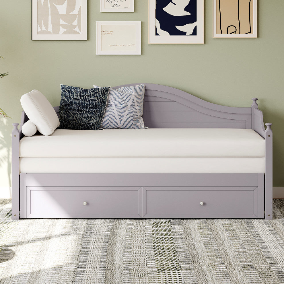 TATEUS Twin Size Wood Daybed with Extended Pop Up Trundle and Storage Drawers