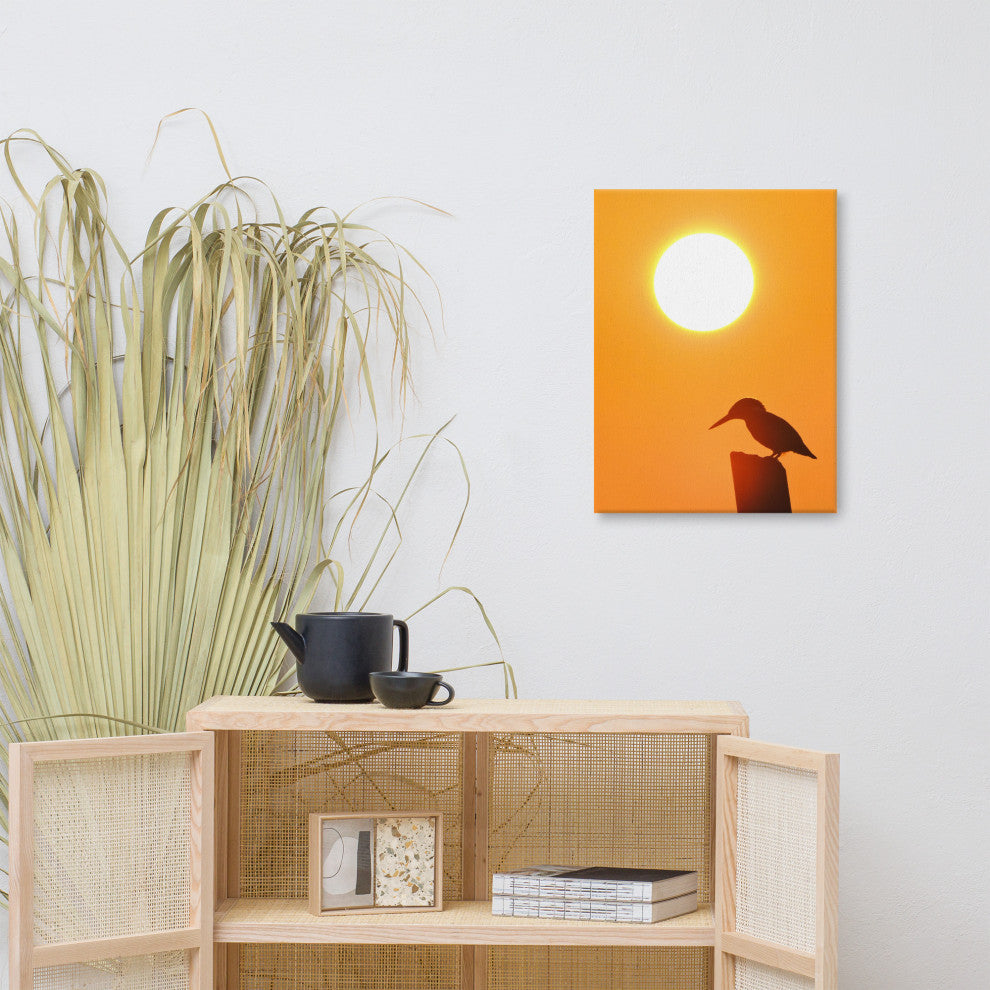 Kingfisher Bird Silhouette Sunset Animal Wildlife Photo Canvas Wall Art Prints, 18" X 24"