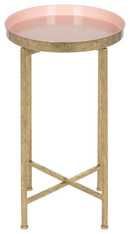 Kate and Laurel Celia Round Metal Foldable Tray Accent Table, Gold and Pink
