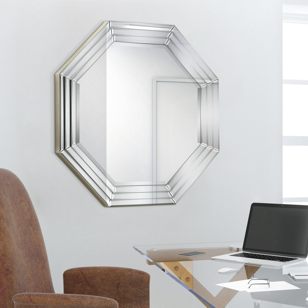 Beveled Multi Faceted Octagons Wall Mirror, 1" Beveled Center, Wood Frame