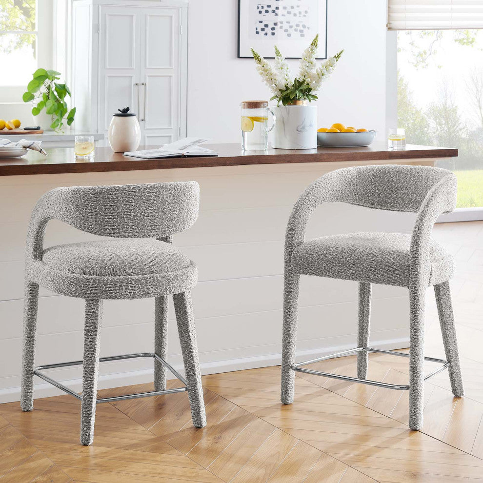 Pinnacle Boucle Upholstered Counter Stool Set of 2, Taupe Silver