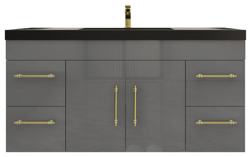 Rosa 48" Wall Mounted Modern Vanity, High Gloss Gray, Matt Black Top