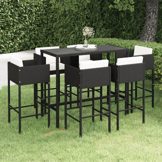 vidaXL Patio Bar Set 7 Piece with Cushions Poly Rattan Black Garden Chair