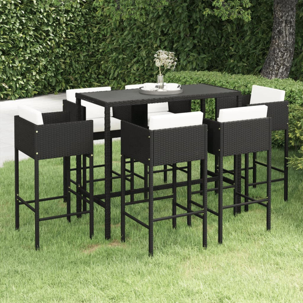 vidaXL Patio Bar Set 7 Piece with Cushions Poly Rattan Black Garden Chair