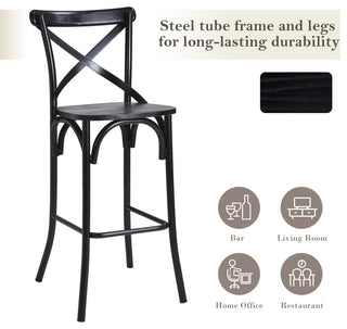 Black Steel Bar Stool With Solid Elm Wood Seat and Back Support, Set of 2