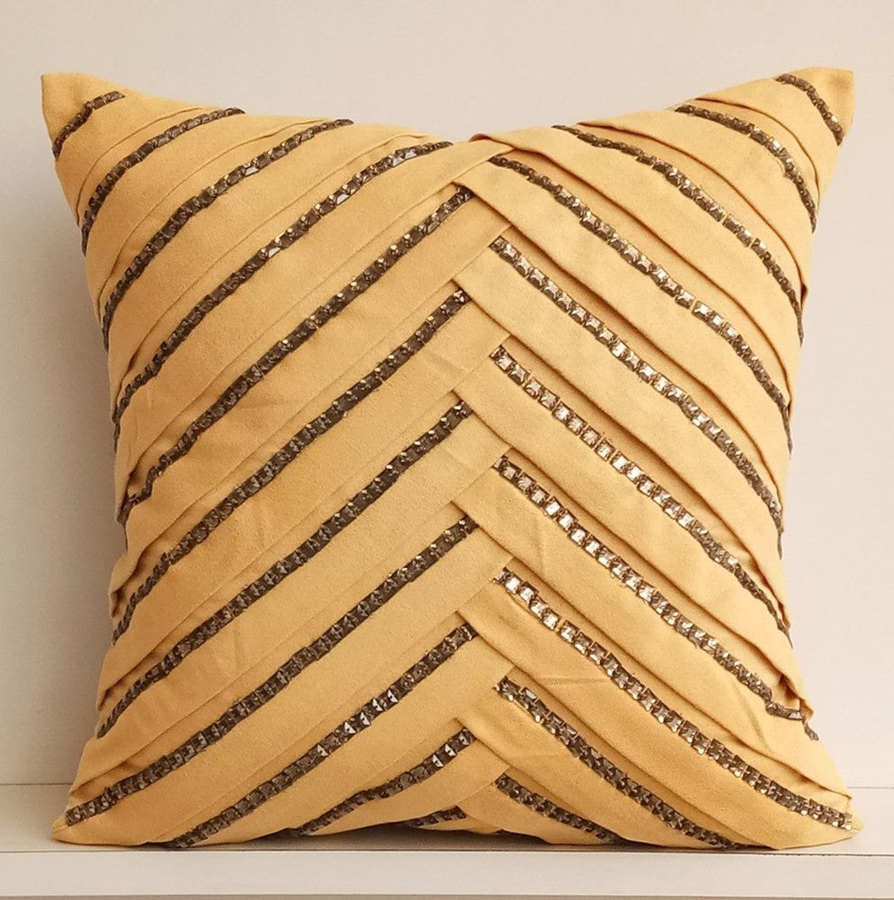 Beige Throw Pillow Cover, Pleated Smoke Crystal 26"x26" Suede Fabric, Beige