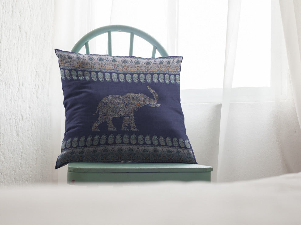 16" Navy Ornate Elephant Suede Throw Pillow
