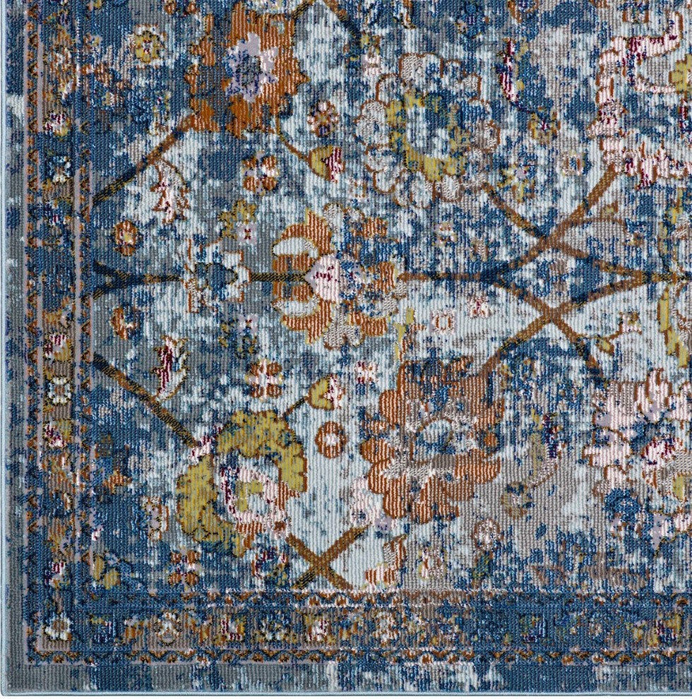 Blue Gray, Yellow and Orange Minu Distressed Floral Lattice 8x10 Area Rug