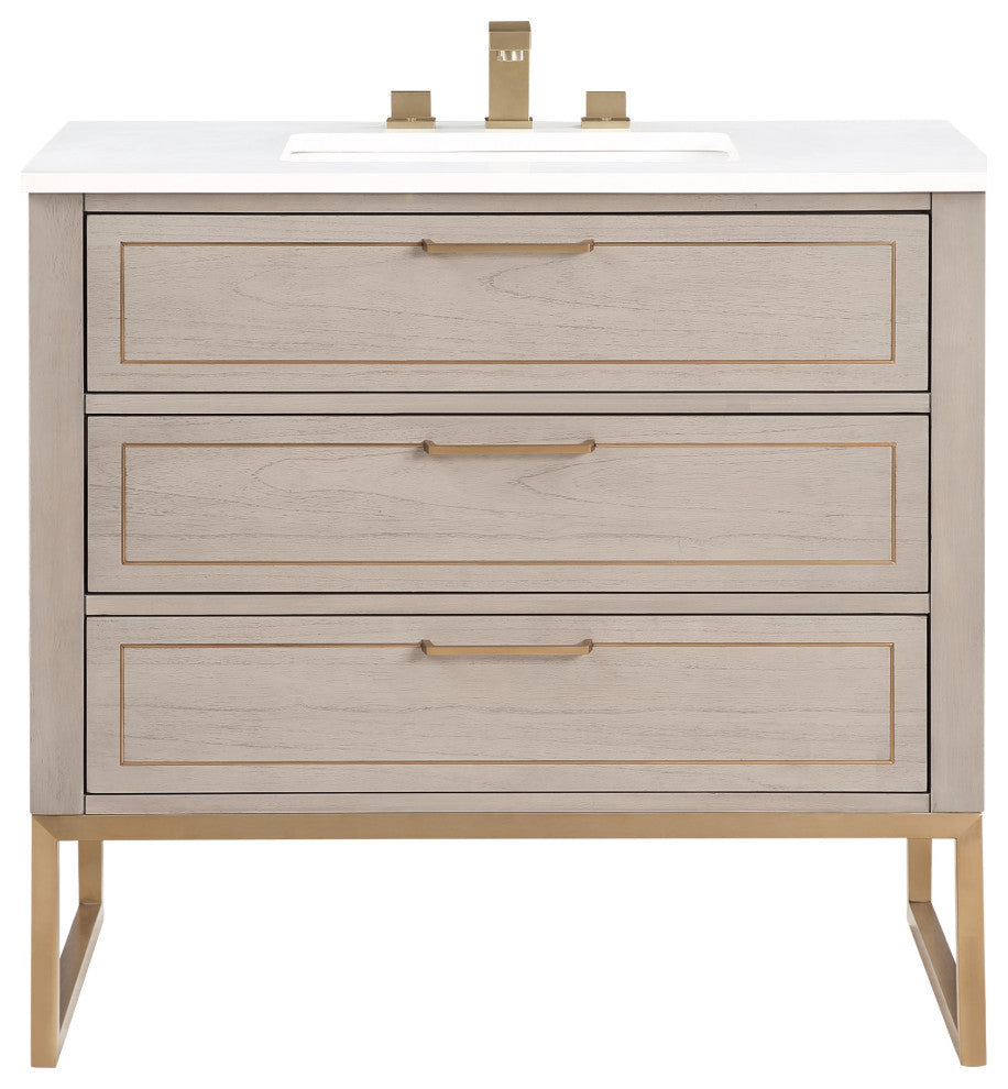 Markham 36" Single Bath Vanity Set, Cashmere Gray/Satin Brass, Quartz Countertop