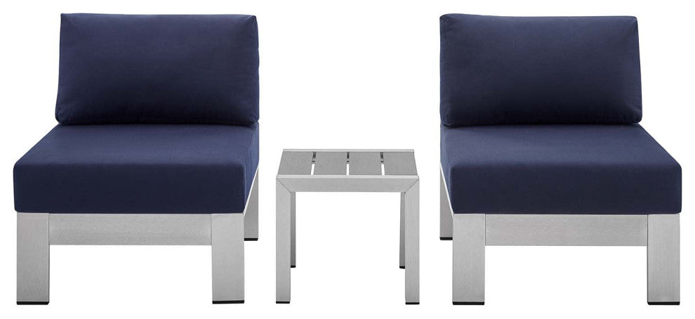 Shore Sunbrella Fabric Outdoor Patio Aluminum 3 Piece Set Silver Navy