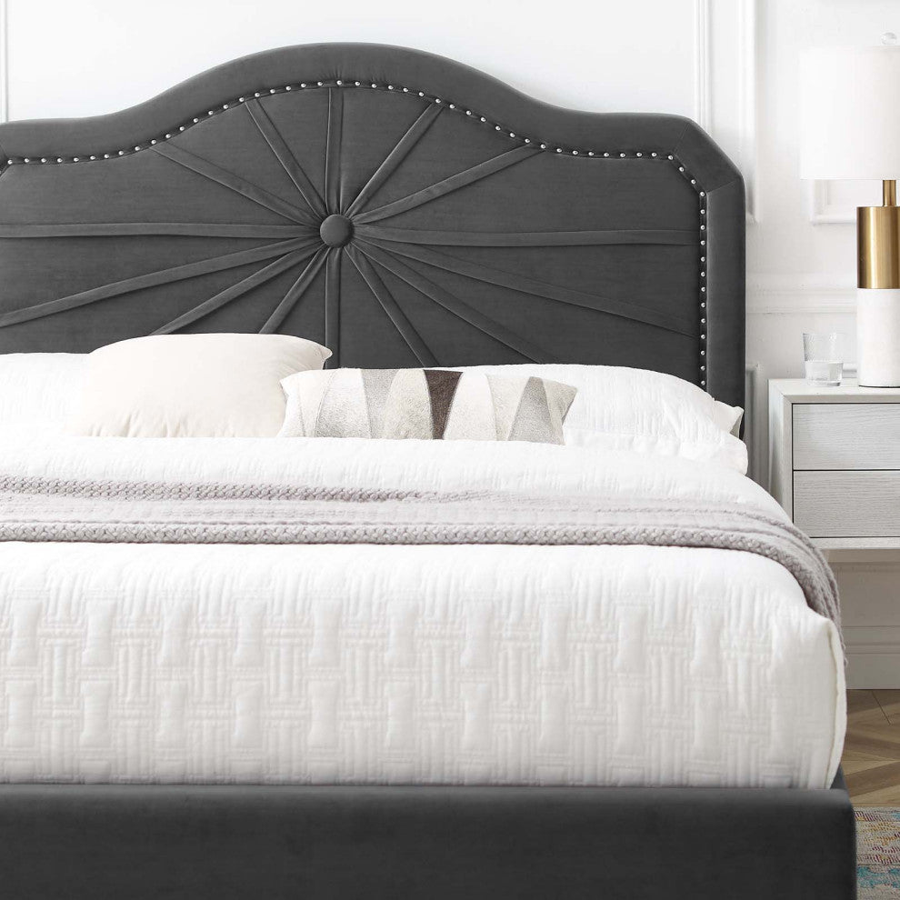 Platform Bed Frame, Twin Size, Velvet, Dark Grey Gray, Modern Contemporary