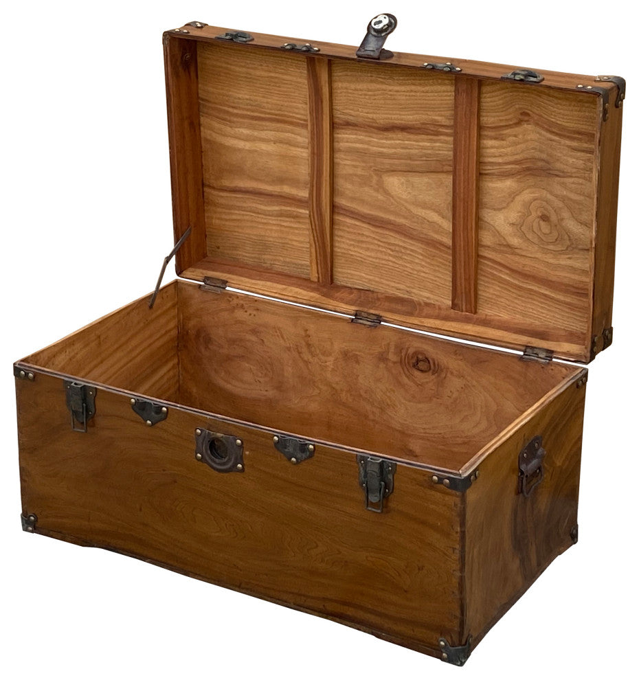 Vintage Oriental Chinese Brown Wood Iron Hardware Trunk Table Hcs7435