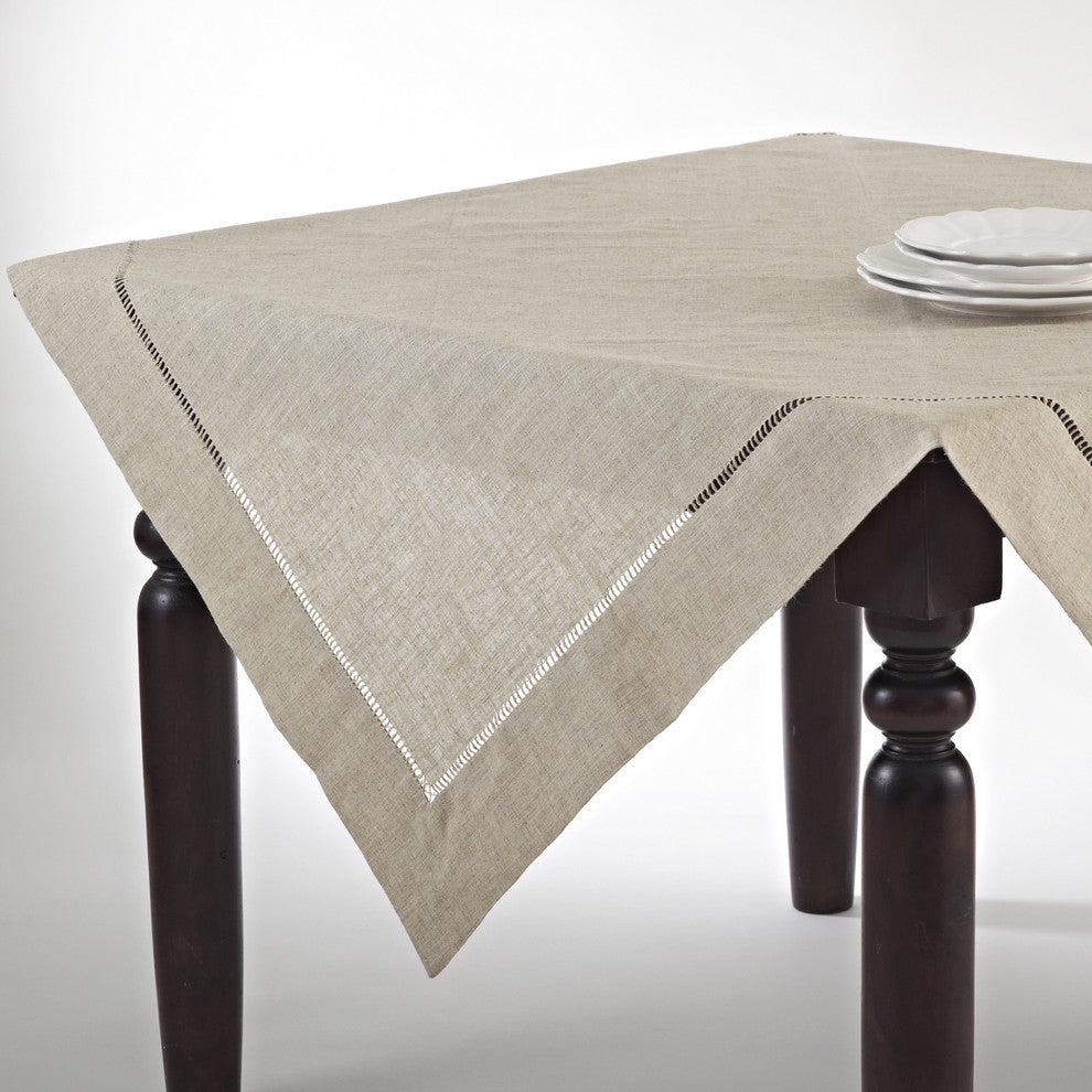 Classic Hemstitched Linen Blend Tablecloth, Natural, 60"x60" Square