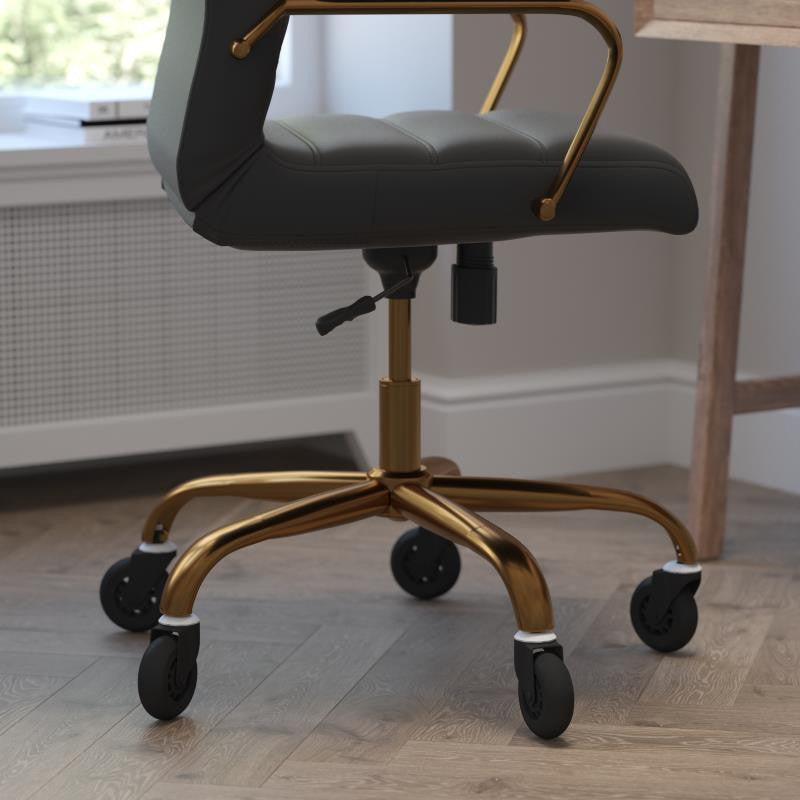 Whitney High Back Executive Swivel Office Chair with Black Frame & Arms, Black Leathersoft/Gold Frame