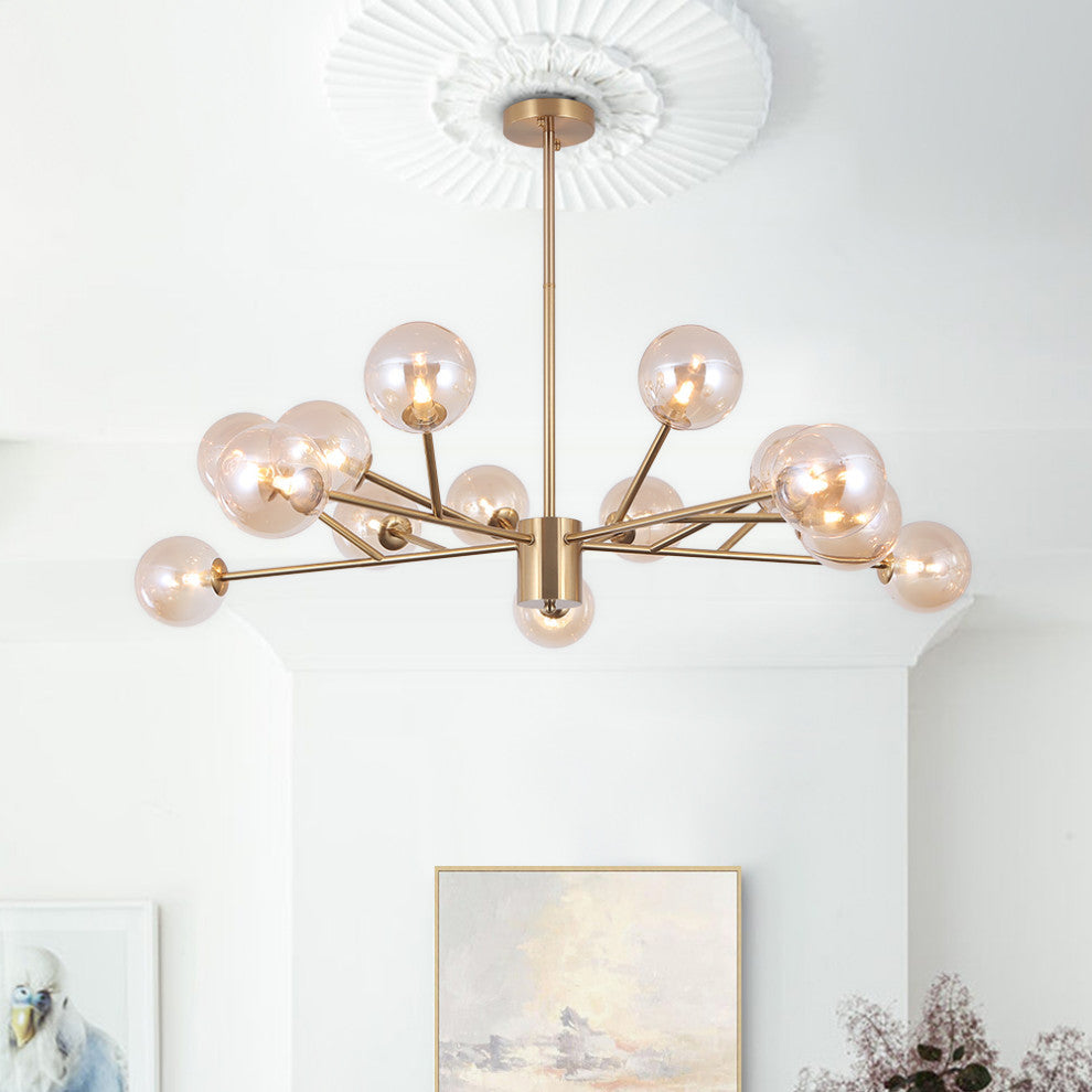 15-Light Glass Globe Bubble Sputnik Chandelier, Gold