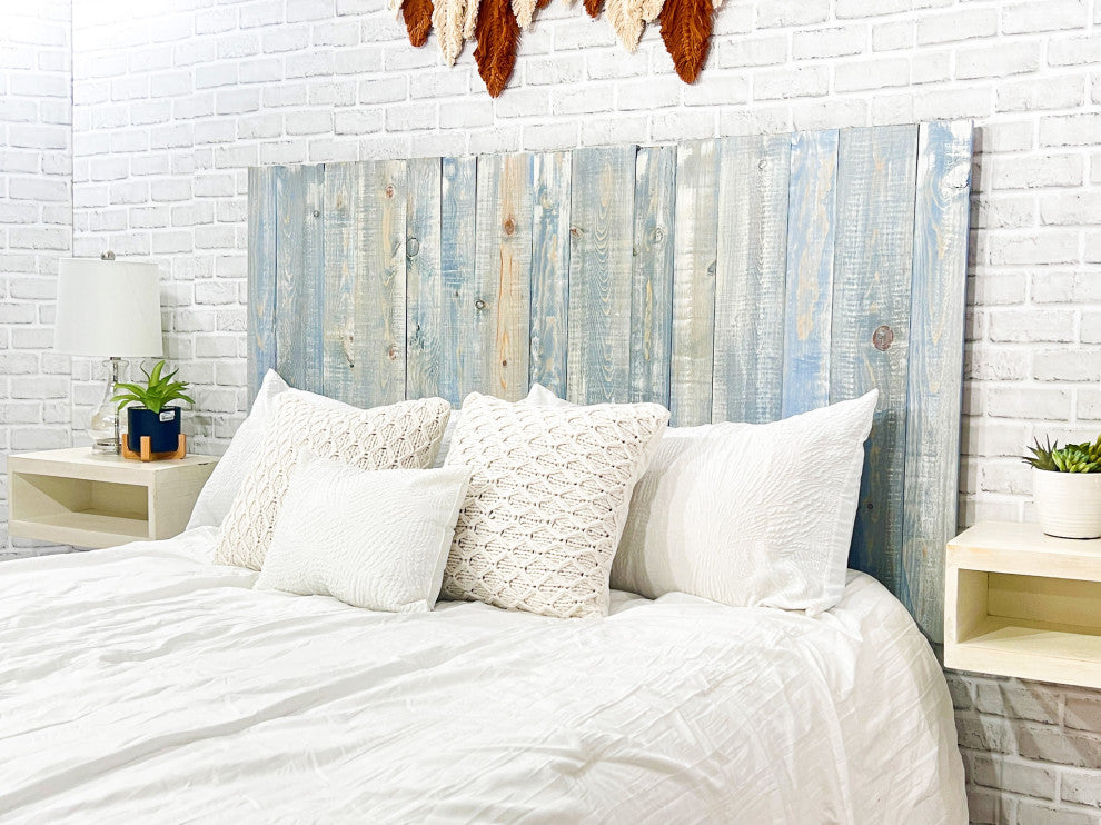 Solid Wood Headboard with Smooth Natural Wood Grain, Wall Mounted, Farmhouse, Blue Powderwash, Queen