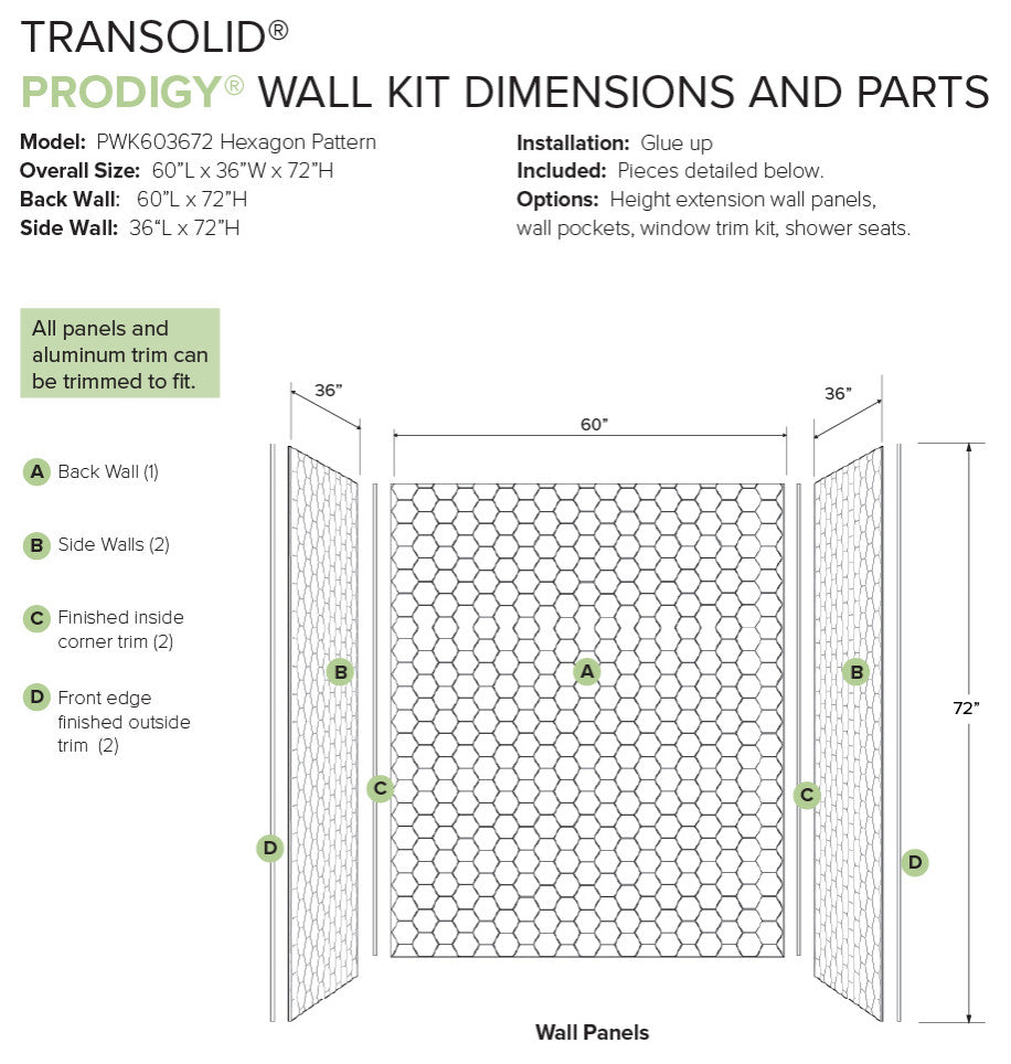 Transolid PWK603672-331 Prodigy 60"x36"x72" Shower Wall Kit, White Hexagon