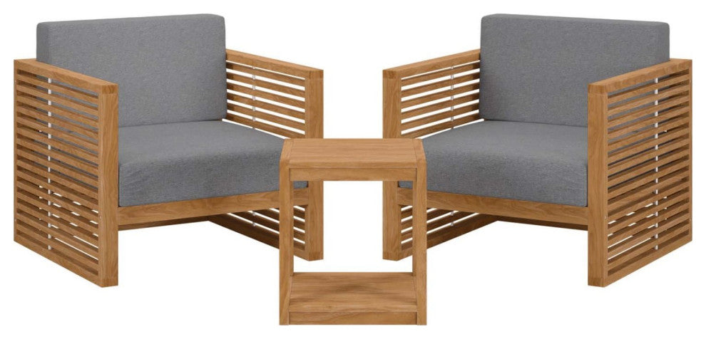 Lounge Chair ArmchairTable Set, Gray Natural, Teak Wood, Outdoor Garden