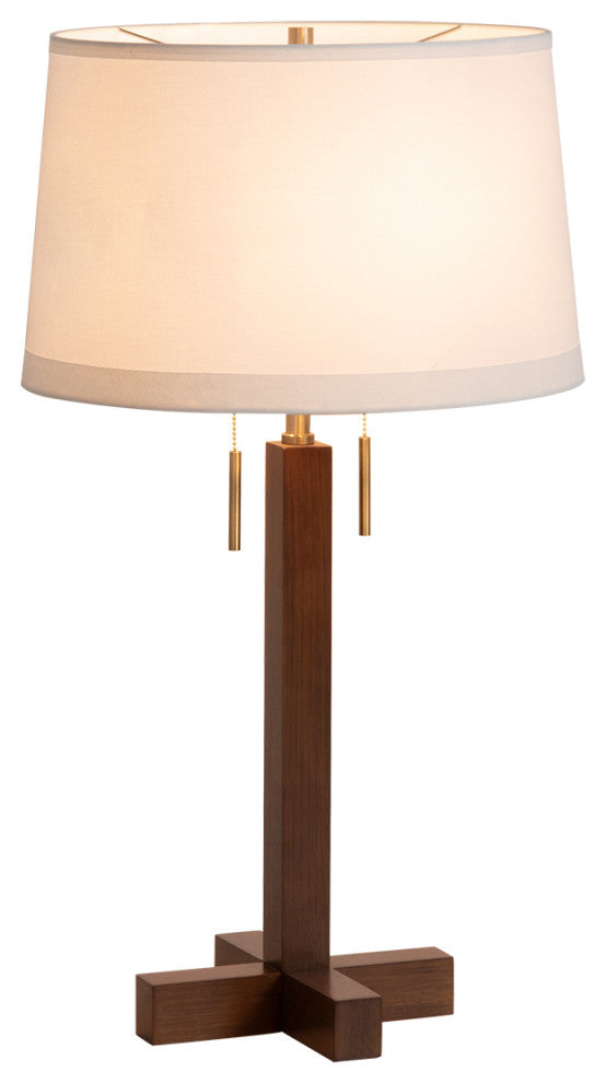Swiss Cross Table Lamp - Dark Walnut Wood Finish, Weathered Brass, White Shade