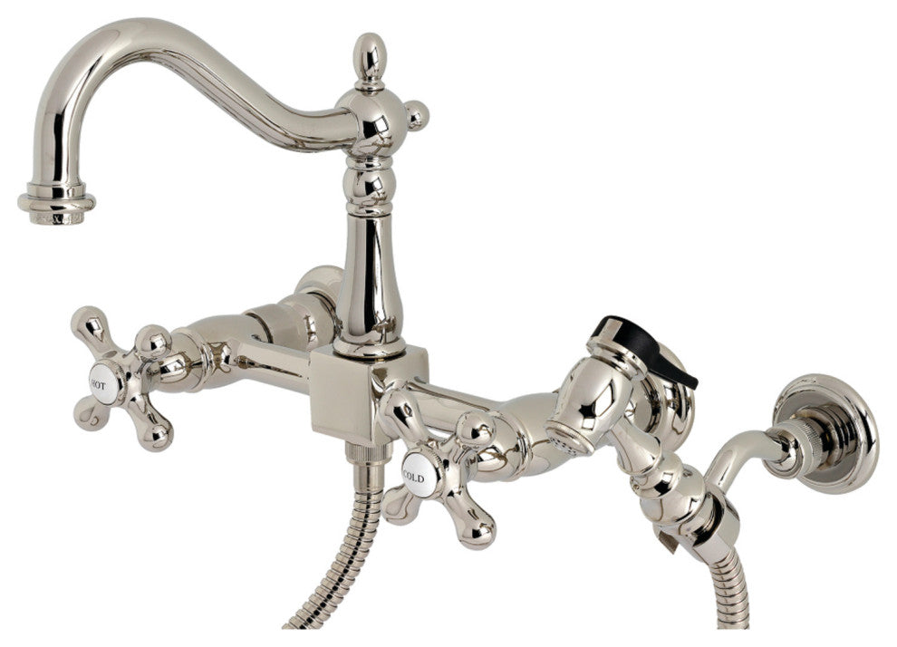 KS126XAXBS-P Heritage Wall Mount Bridge Kitchen Faucet with Brass Sprayer, Polis