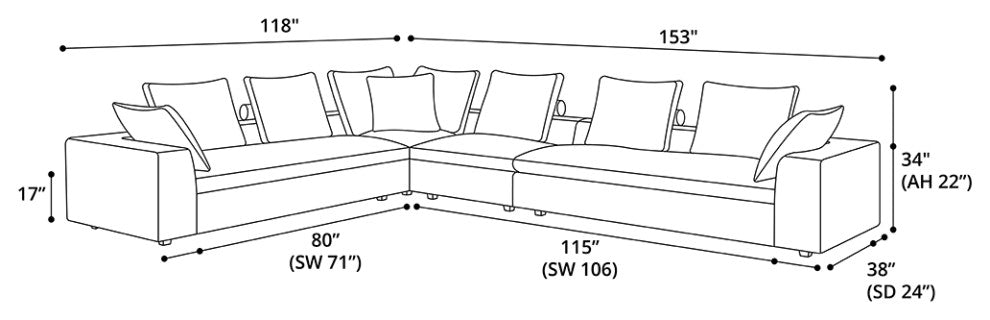 Lucerne Modular Chaise, Ashen Fabric, Ashen Fabric, Set17-4pc