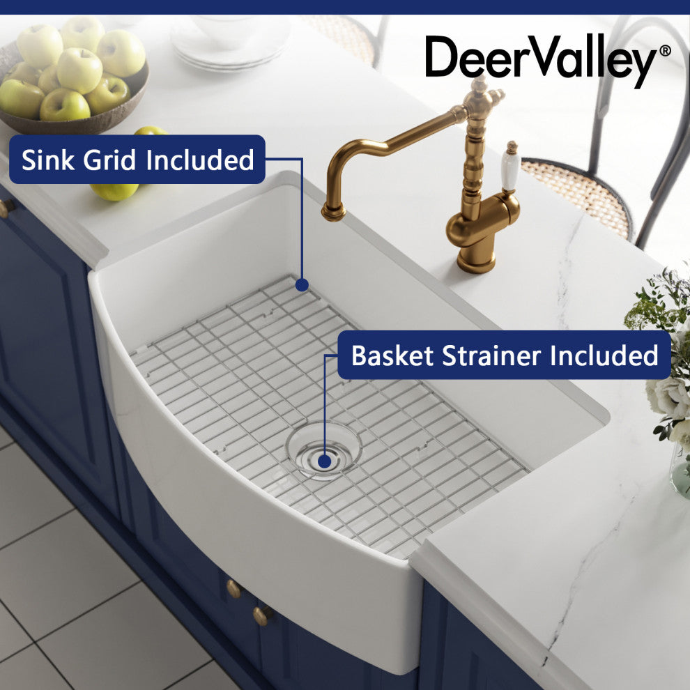 33" x 21" Farmhouse Ceramic Rectangular Kitchen Sink with Sink Grid and Strainer