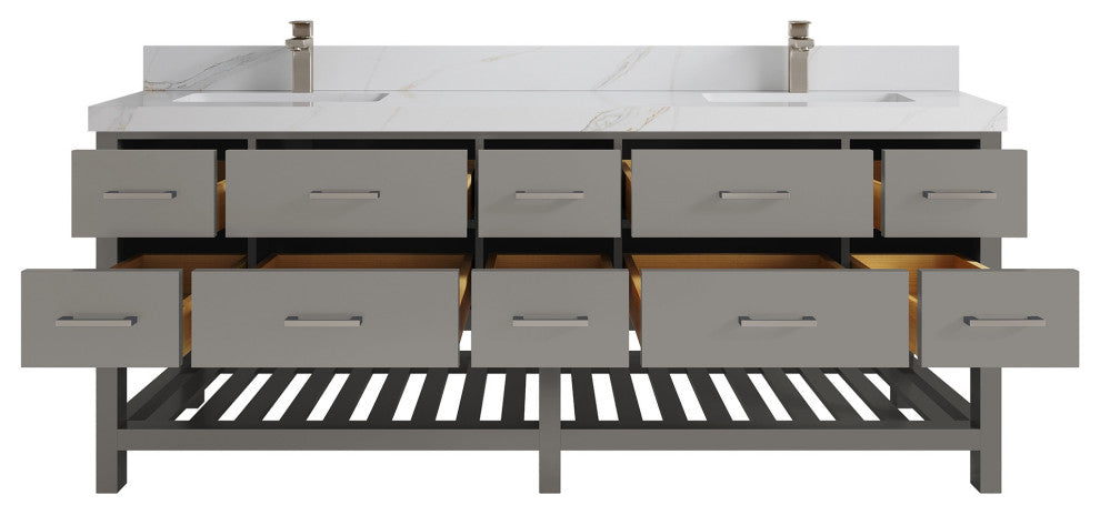 Parker 84" Double Sink Bath Vanity, Elephant Skin Gray 2" Calacatta Sienna
