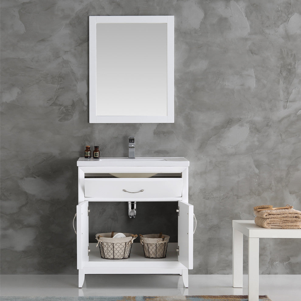 Cambridge 30" White Traditional Bathroom Vanity With Mirror, FFT1030BN