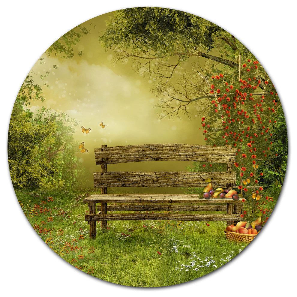 Wooden Bench In Village Orchard, Landscape Disc Metal Artwork, 23"