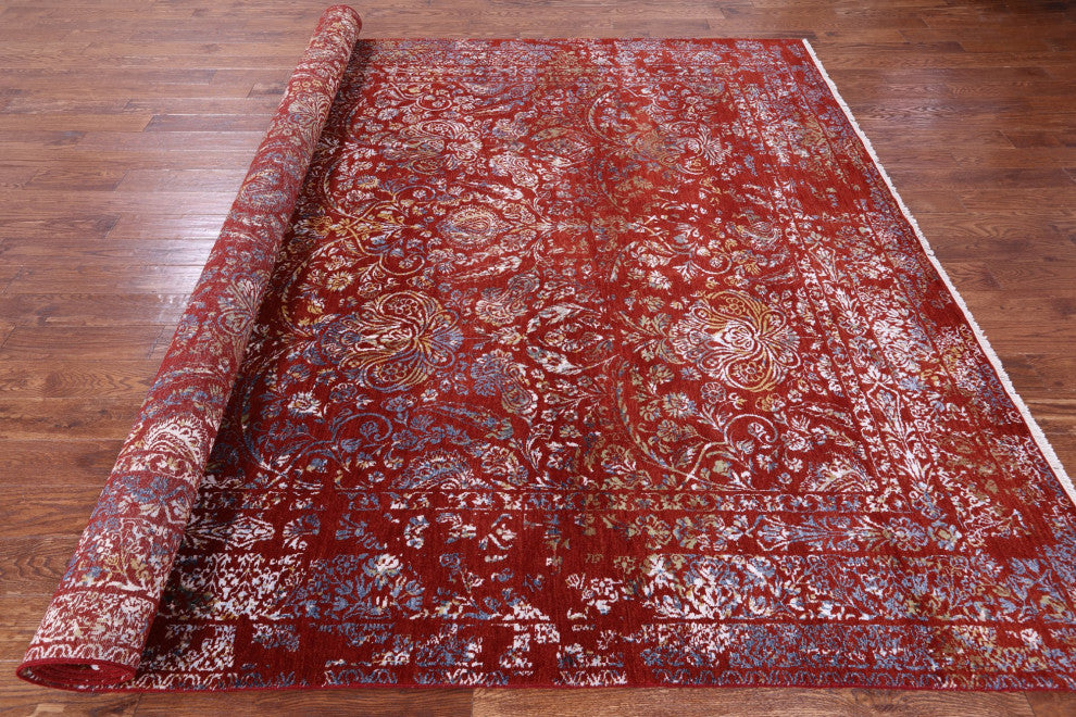 9' 1" X 12' 2" Modern Hand Knotted Wool and Silk Rug Q11353