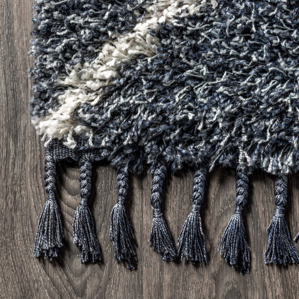 Mercer Shag Plush Tassel Moroccan Diamond Area Rug, Denim Blue/Cream, 3 X 5